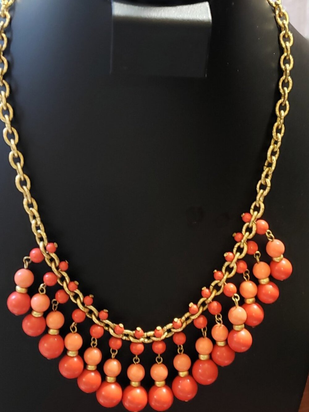 Carolee Lux Coral Beaded Statement Bib Necklace Gold Tone
